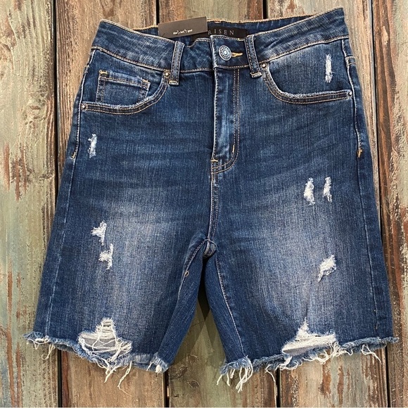 Risen NWT Alaina High Waist Distressed Long Denim Shorts Womens Size Small New - Picture 10 of 13
